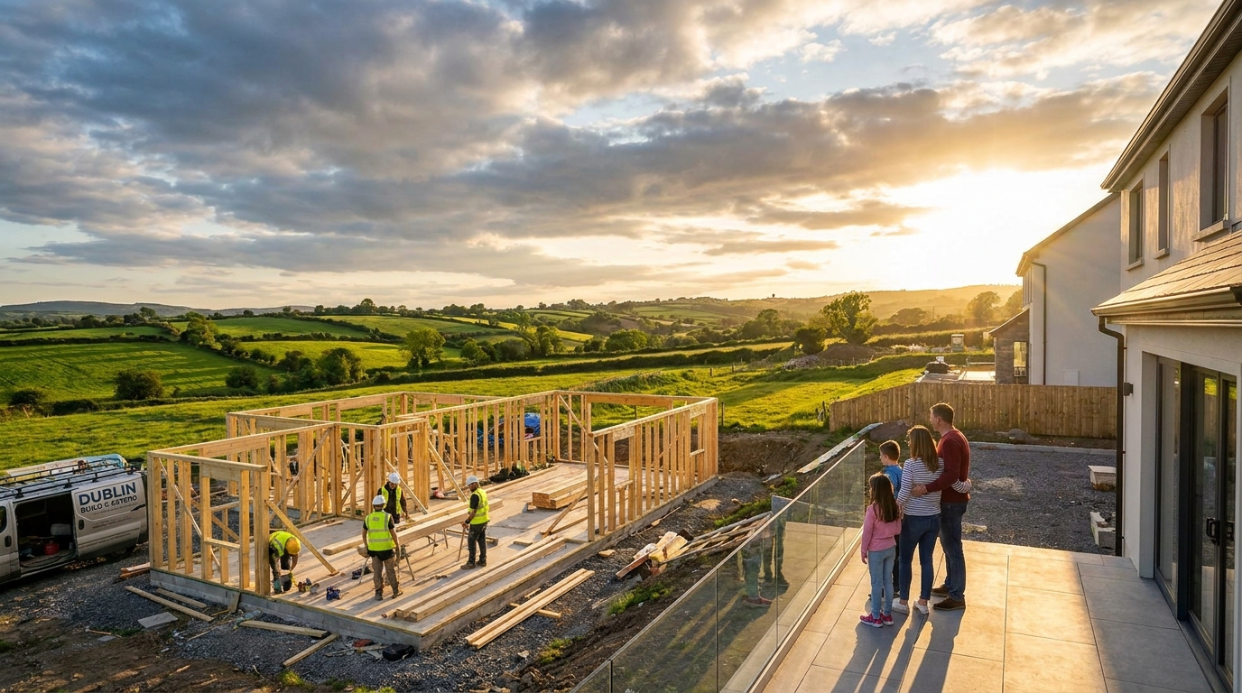 AI-generated hero image for: Create a website for a builder in Ireland, who specialises in extensions and new